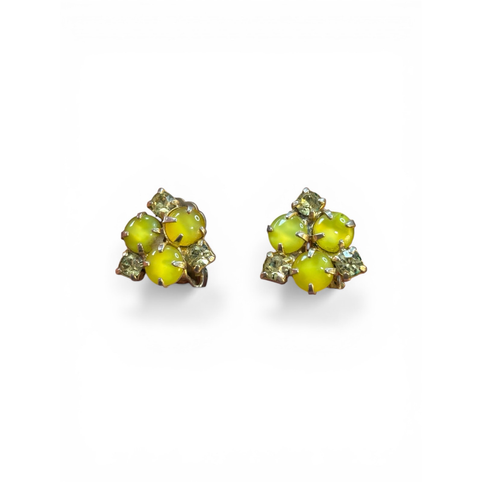 Vintage Chartreuse Rhinestone Cluster Clip On Earrings Yellow Green Mid Century 26$